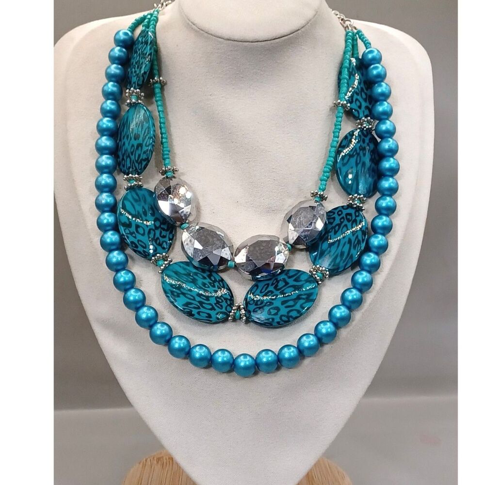 Vintage Faux Turquoise Oval & Blue Round Beads, Lg Silver Faceted Beads Necklace